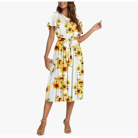 PLUS SIZE NILOUFO Womens Ruffle Sleeves Belted Elastic Waist Pleated Long Dress - Picture 5 of 5